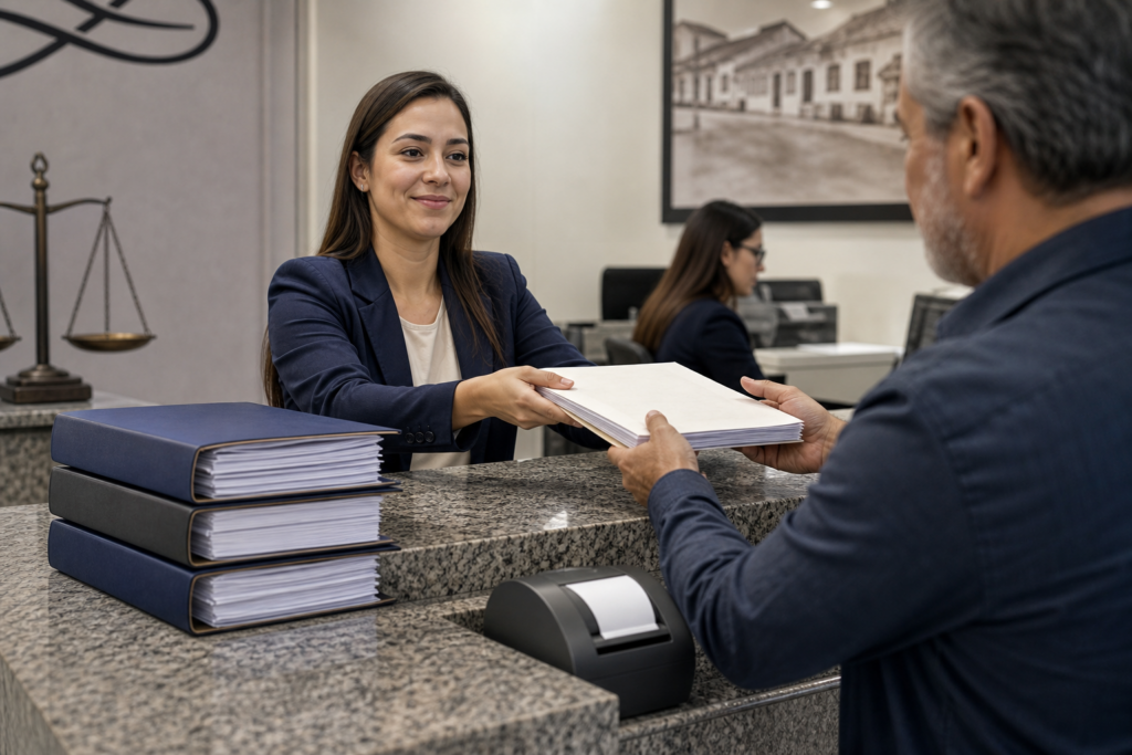 Atendimento de escritura, certidao e retirada de documentos em cartorio